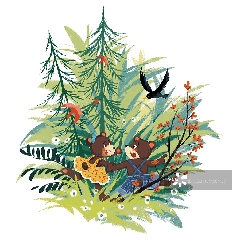 彩色插画 童年 童话 两只小熊 草丛 奔跑 开心 背影 卡通画 可爱图片素材