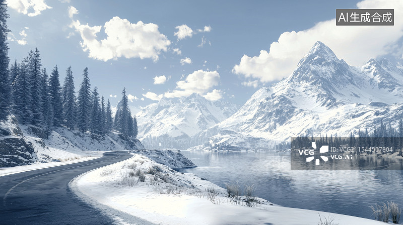 【AI数字艺术】雪山环绕的弯曲公路图片素材