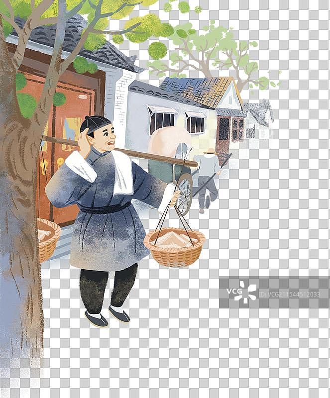 彩色插画 骆驼祥子 文学作品 胡同北京 四合院 叫卖 货郎 人力车 民国时期图片素材