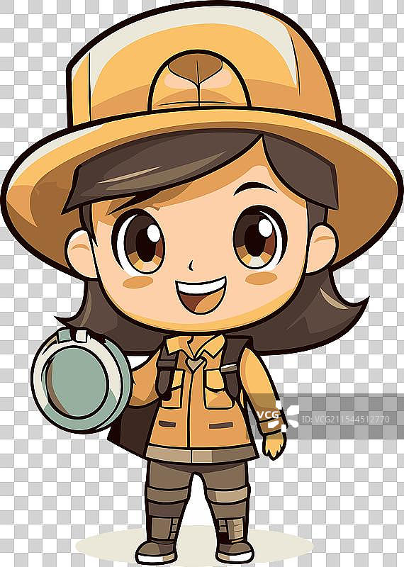 可爱的探险女孩戴着狩猎帽的卡通形象图片素材