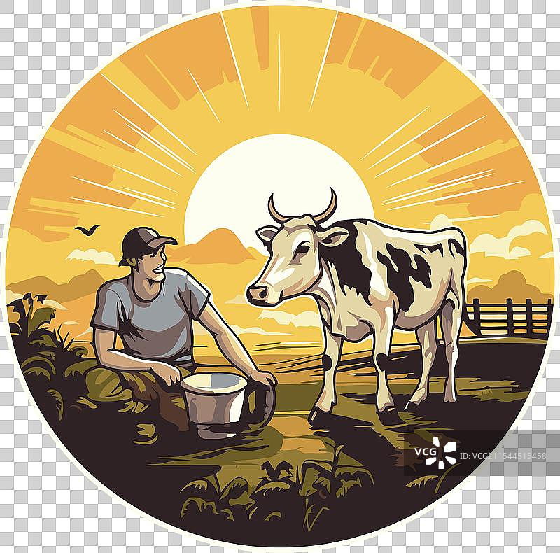 复古风格的农场里与奶牛的农民图片素材