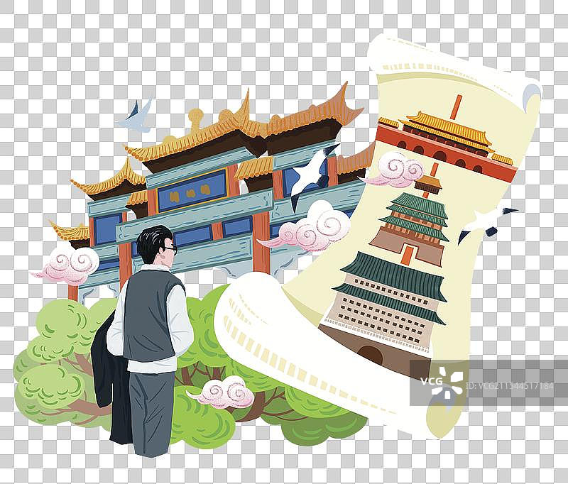 彩色插画 国潮风格 国风 古代 古迹 历史 北京中轴线 正阳门 安定门 故宫 梁思成 建筑学家图片素材