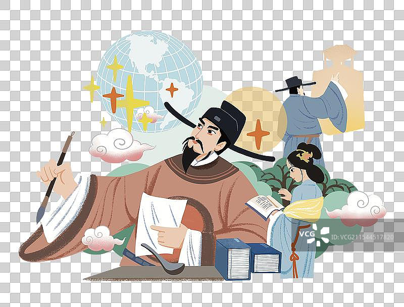 彩色插画 国潮风格 国风 中国宋代 科学家 文学家 浑天仪 诗词 繁荣 文坛 科技 计时图片素材