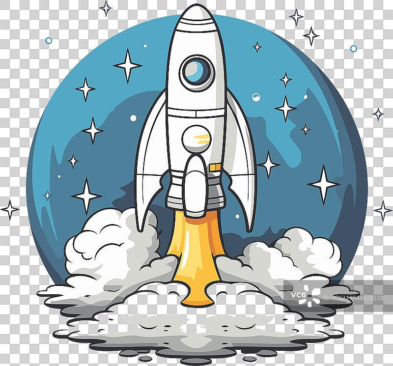卡通风格的太空火箭在天空中飞行图片素材
