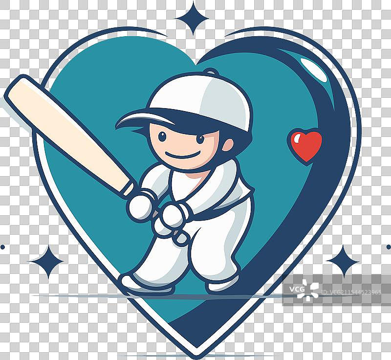 心形中有球棒和球的板球运动员图片素材