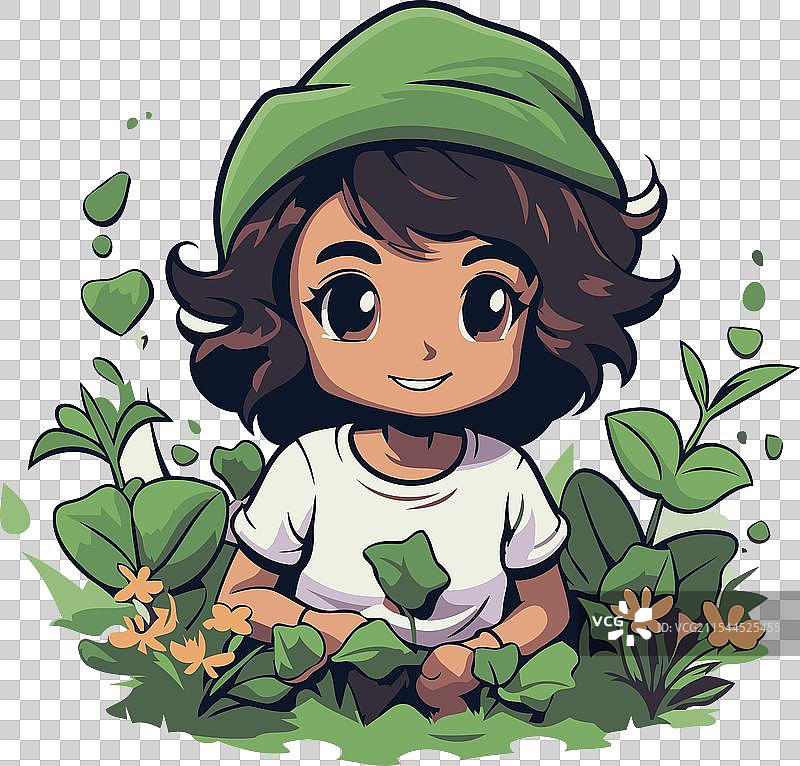 戴着花朵绿帽子的小女孩图片素材