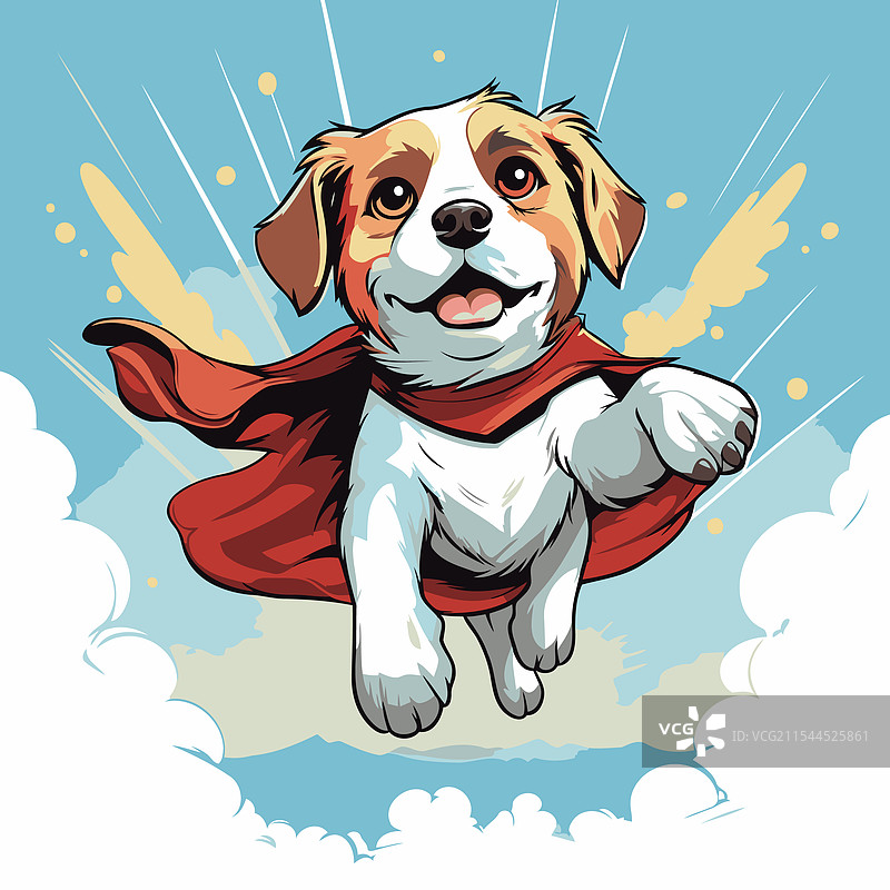 穿着红色斗篷的超级英雄狗在卡通中飞翔图片素材