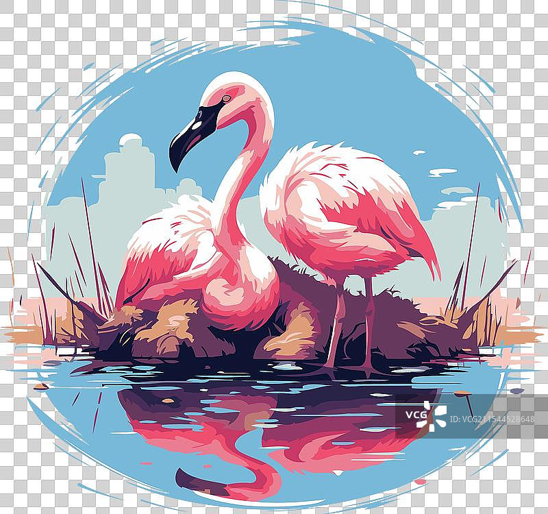 复古风格的湖面上的火烈鸟图片素材