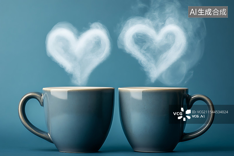 【AI数字艺术】两杯冒着热气的马克杯，热气形成心形，象征爱意、温暖与陪伴，背景干净简约。图片素材