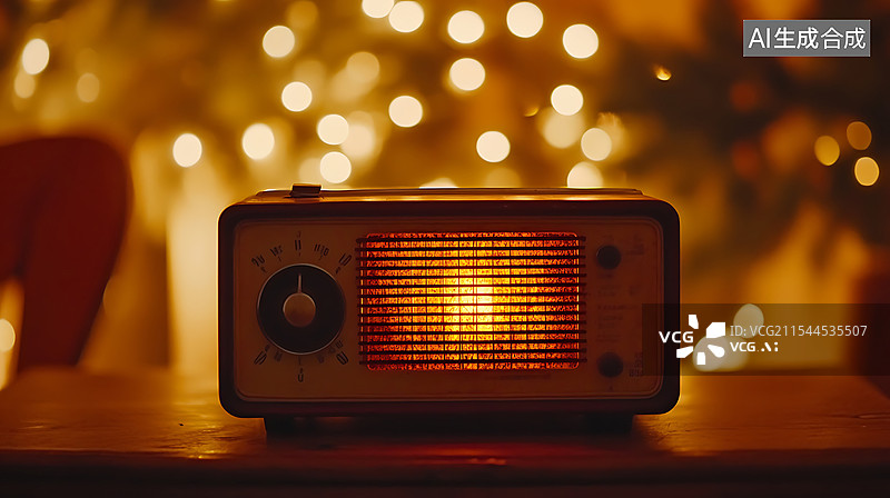 【AI数字艺术】复古收音机，带发光旋钮置于木桌上，柔和的暖光勾勒怀旧氛围，背景为模糊的老式家具。图片素材