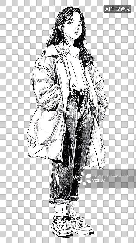 【AI数字艺术】素描线条，黑白女生速写图片素材