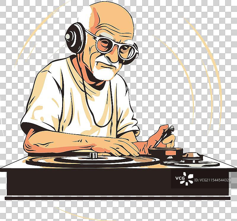 一位戴着耳机的老人正在玩唱盘图片素材