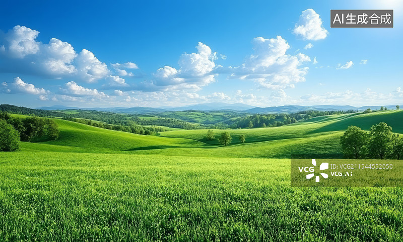 【AI数字艺术】蓝天白云下的绿色草原图片素材
