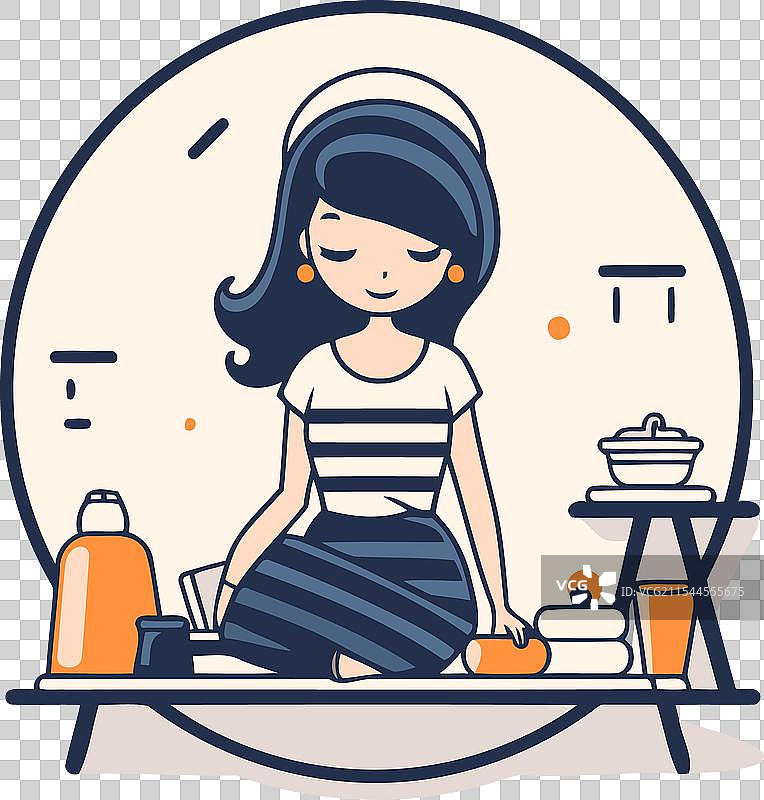 女孩在厨房用扁平风格洗碗图片素材