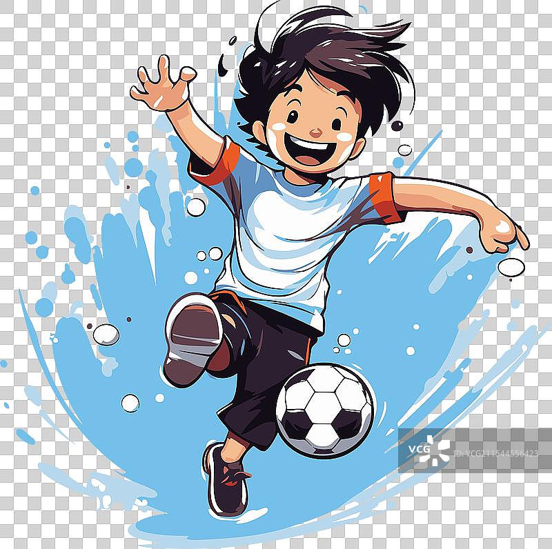 一个男孩在白色背景上踢足球图片素材