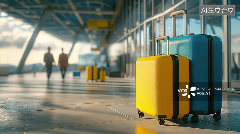 【AI数字艺术】活力旅行概念机场候车厅中的蓝色和黄色行李箱生活方式度假商务出差和季节性旅行书籍插图海报背景图片素材