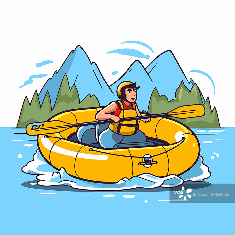 卡通风格的男子在湖上划皮艇图片素材
