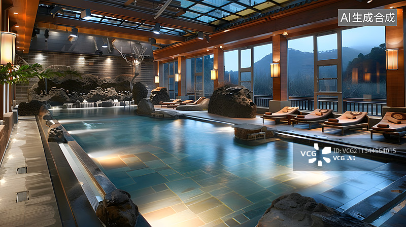 【AI数字艺术】温泉水疗中心，天然石材和灯光营造宁静的氛围图片素材