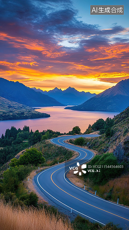 【AI数字艺术】风景如画的日落晚霞自驾游驾驶蜿蜒道路穿越葱郁山脉抽象汽车广告背景旅行冒险推广广告自然主题图片素材