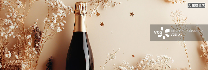 【AI数字艺术】优雅红酒瓶配奶油色背景庆祝、生日和纪念日的抽象设计圣诞节新年庆祝图片素材