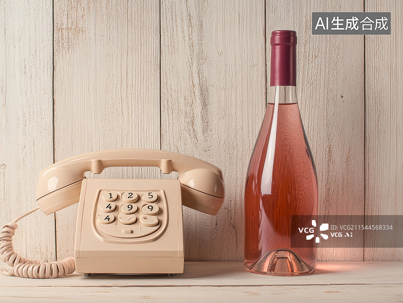 【AI数字艺术】一部复古的旋转电话，旁边是一瓶粉红色的葡萄酒和一只装有少量葡萄酒的酒杯。图片素材