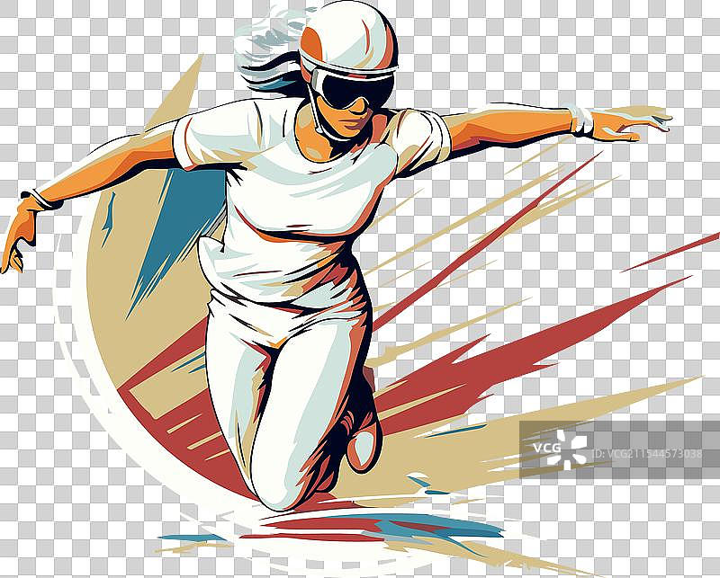 一名女棒球运动员在背景上跳跃图片素材