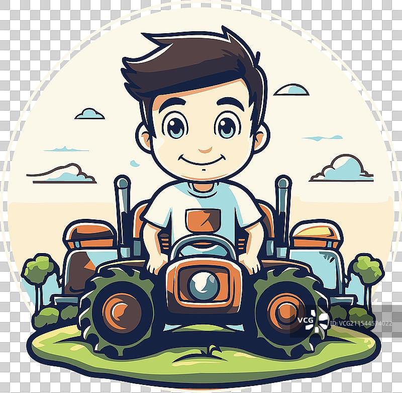 卡通男孩在田野里驾驶拖拉机图片素材
