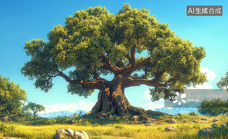 【AI数字艺术】一棵巨大的树，矗立在一片绿色的草地上。阳光透过树叶洒下斑驳的光影，天空中飘着几朵白云，图片素材