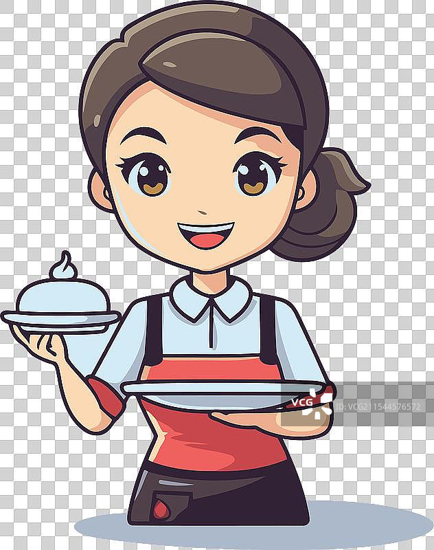 可爱的女服务员端着托盘为顾客上菜图片素材