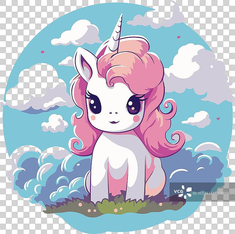 可爱的卡通独角兽，粉色头发在云朵中。图片素材