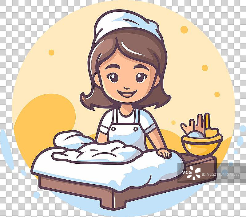 可爱的卡通女孩在床上图片素材