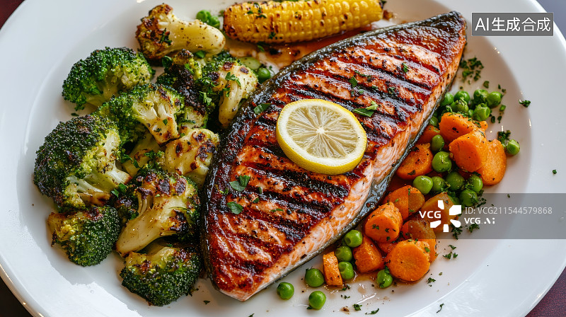 【AI数字艺术】烤三文鱼与多样蔬菜搭配图片素材