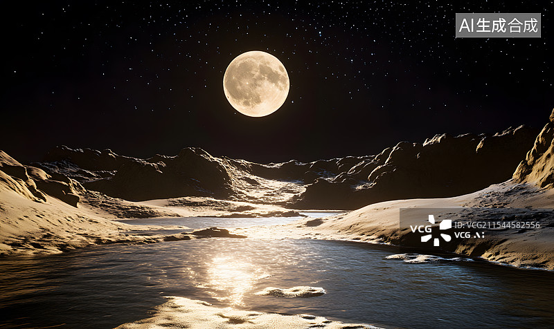 【AI数字艺术】夜晚巨大圆月光照在沙漠绿洲水潭上，户外无人背景图片素材