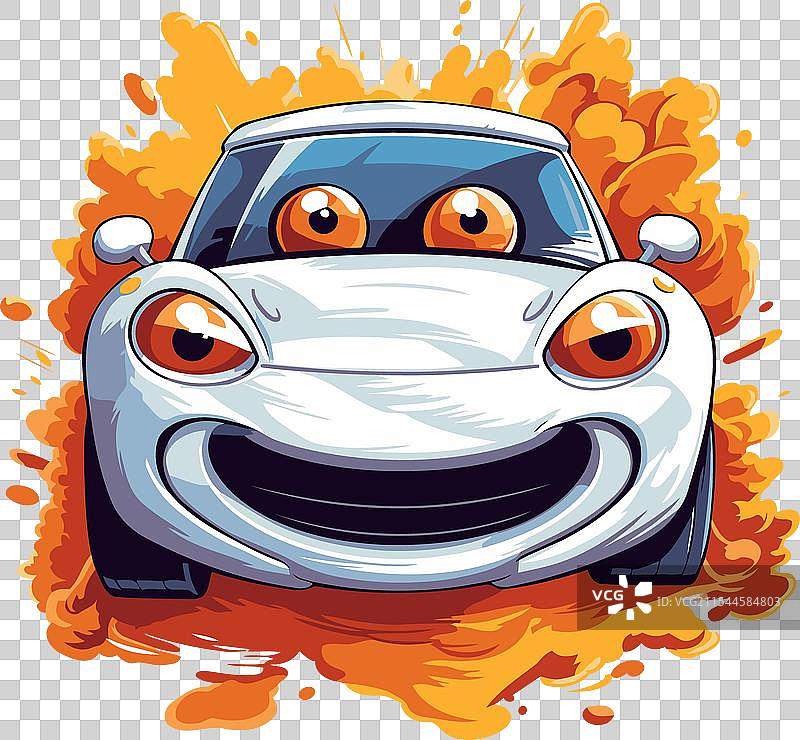可爱的卡通车，背景为白色，车身上有火焰图案图片素材