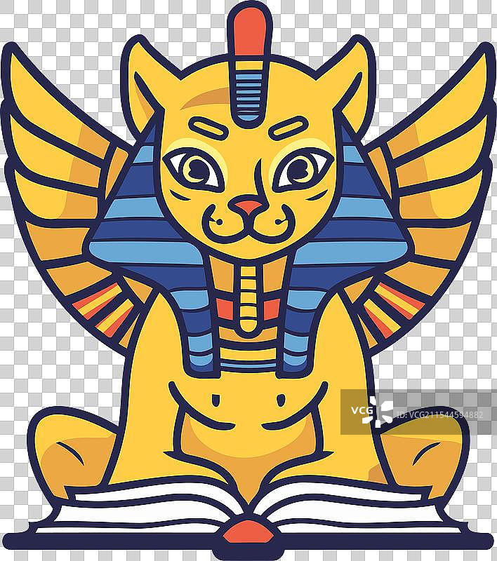 平面卡通风格的埃及猫与书籍图片素材