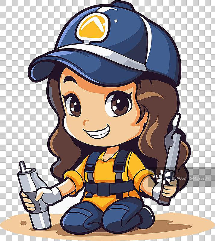 一个可爱的卡通女孩戴着警帽，手持手枪图片素材