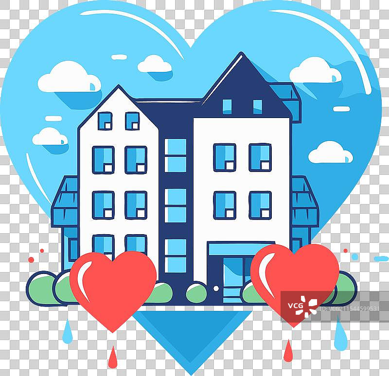 心形房屋，周围有云朵和爱心图片素材