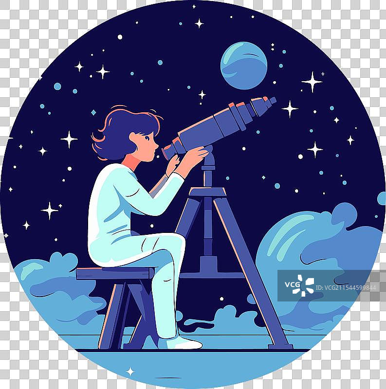 宇航员在公寓里通过望远镜观察图片素材