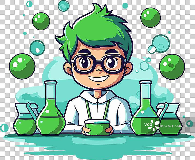 戴眼镜的绿色头发男孩科学家正在拿着图片素材