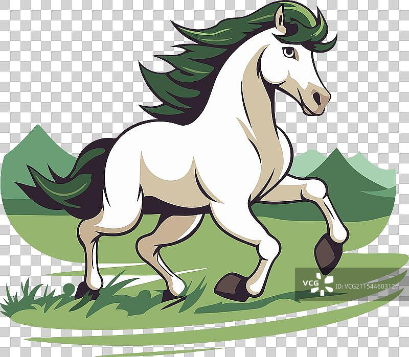 白马与绿色鬃毛和长鬃毛奔跑图片素材