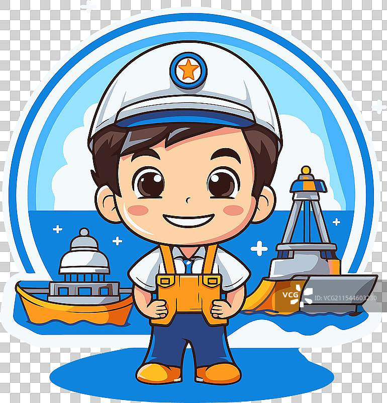 可爱的卡通男孩水手与船和小艇图片素材