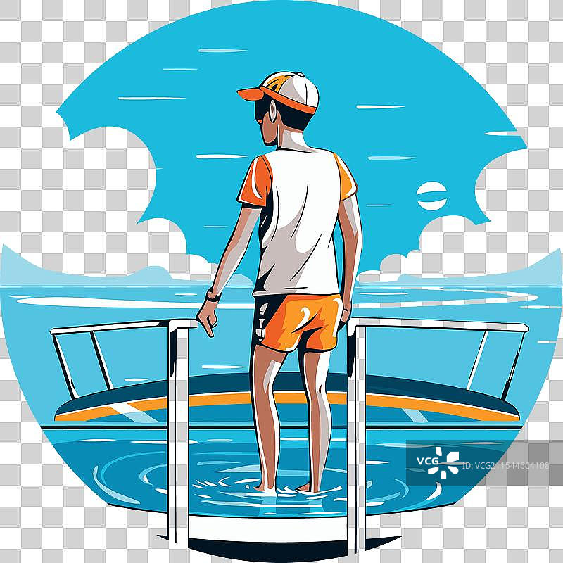 卡通中一个男人站在游艇甲板上图片素材