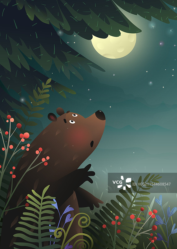 孩子们在夜晚的童话森林里与熊和月亮相伴图片素材