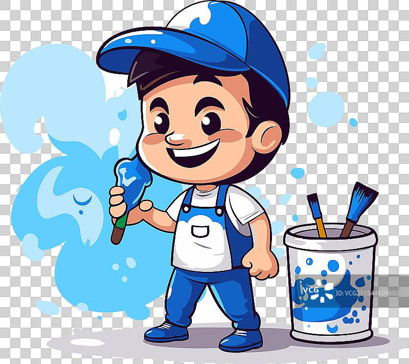 可爱的小画家男孩，手持画笔和桶图片素材