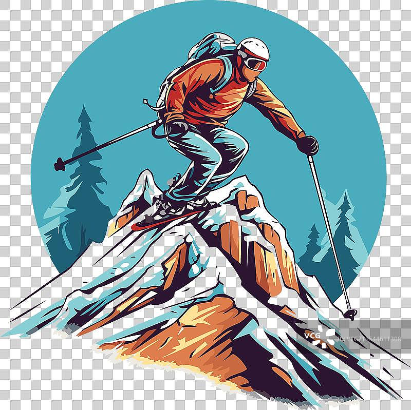 复古风格的滑雪者站在山顶图片素材