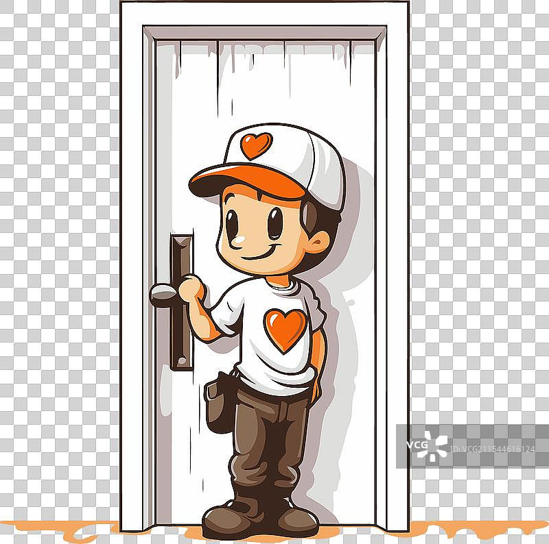 一个男孩站在打开的门前图片素材