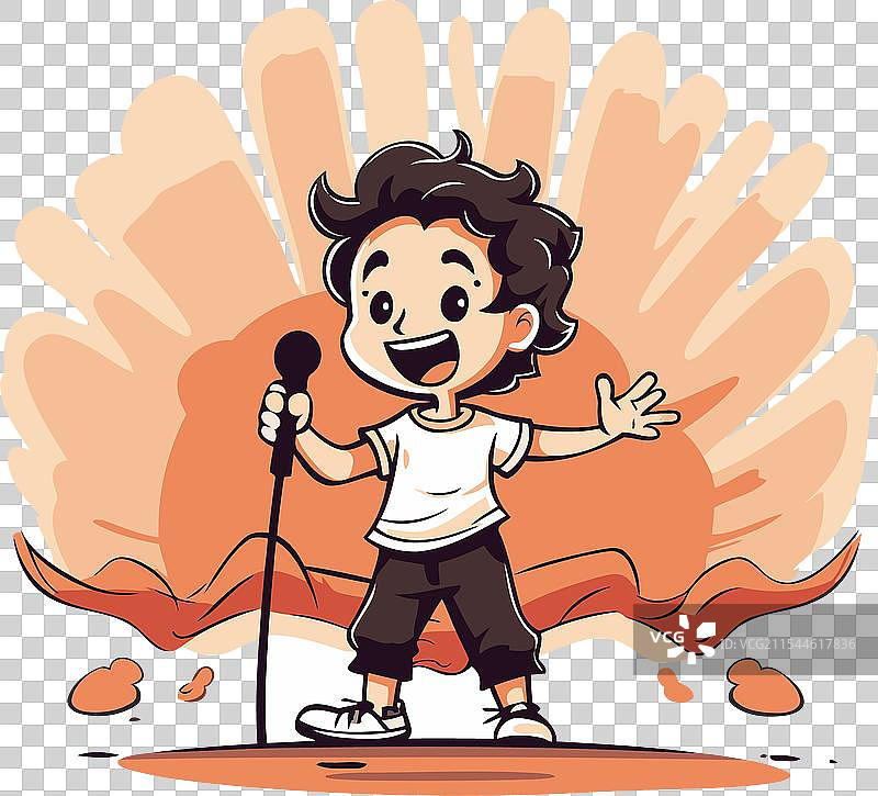 可爱的小男孩在卡通中唱卡拉OK图片素材