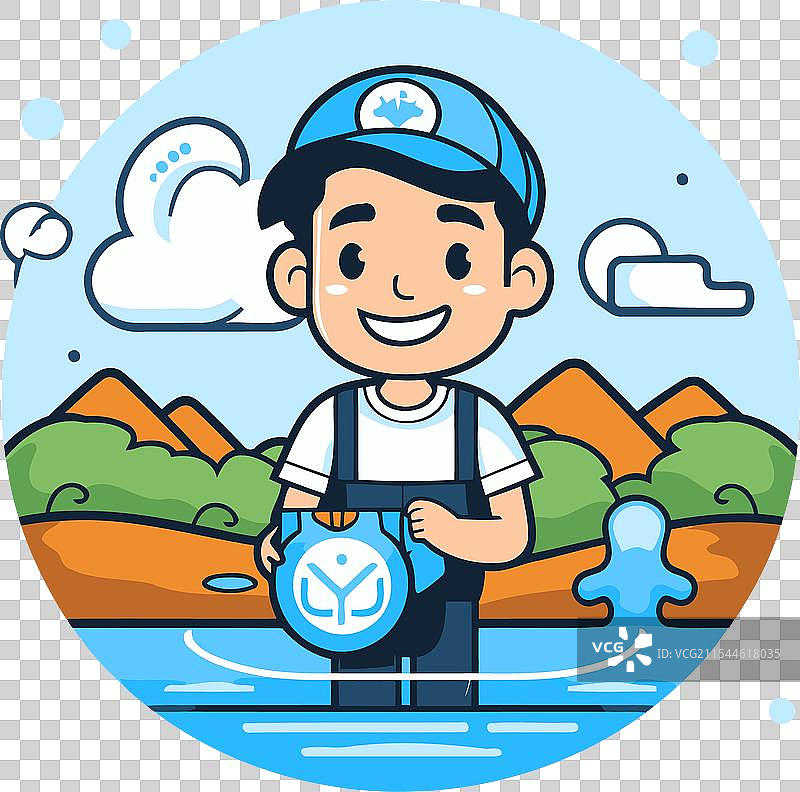 可爱的卡通男孩戴着水手帽，手里拿着一块手表图片素材