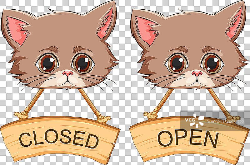 两只卡通猫分别拿着木制的开和关标志图片素材