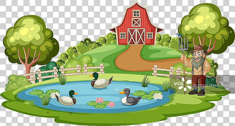 一个在池塘边与鸭子一起的农民图片素材